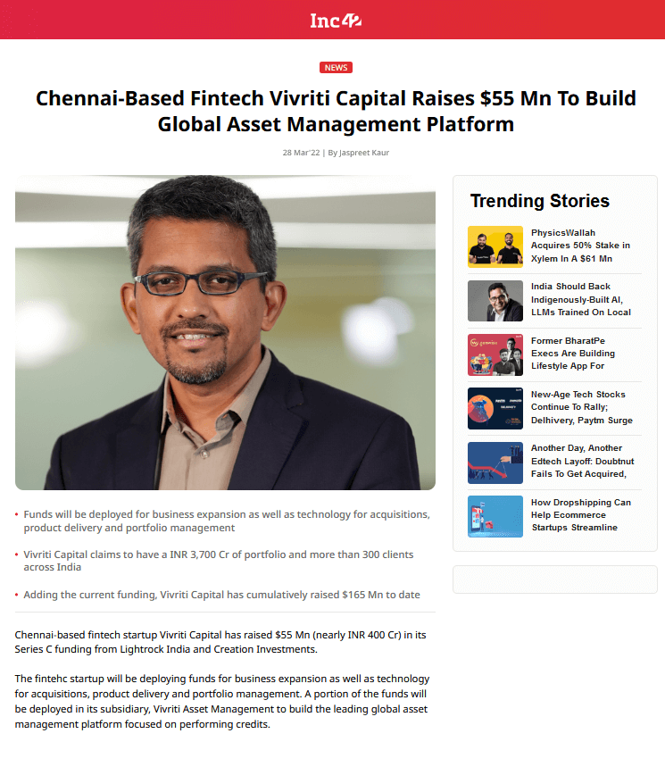 Chennai-Based Fintech Vivriti Capital Raises $55 Mn To Build Global ...